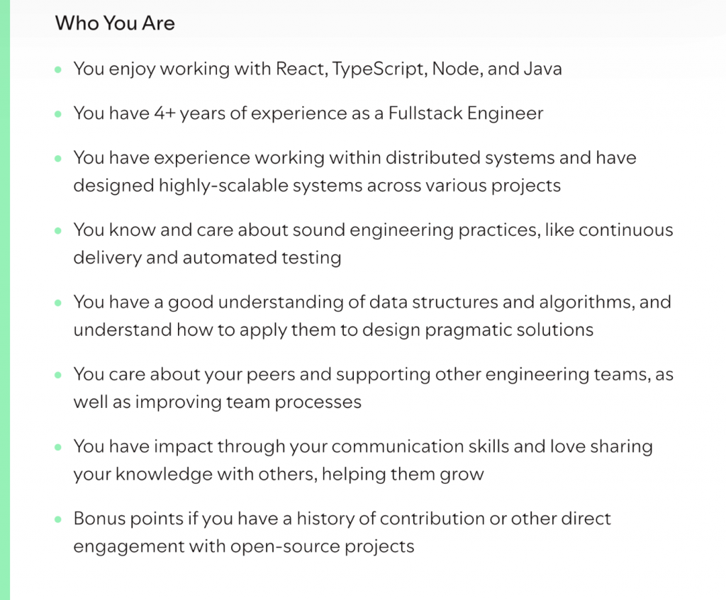 Screenshot of a Full Stack Engineer job description, taken from Spotify's website