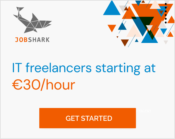 Banner promoting Jobshark services. The message reads, "IT freelancers starting at €30 per hour" with a call to action: "Get started"