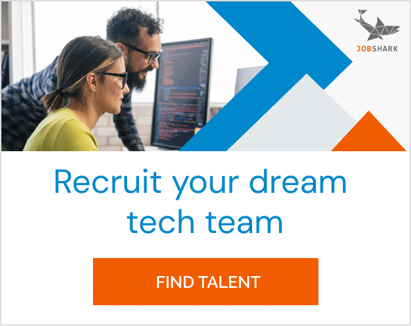 Banner promoting Jobshark services. The message reads, "Recruit your dream tech team" with a call to action: "Find talent"