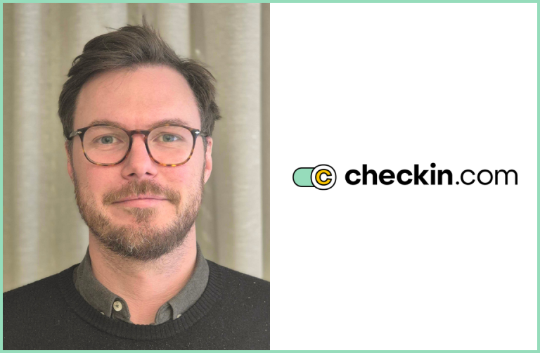 Collage featuring Markus Terland, People, Culture & Growth at Checkin.com, on the left, and the Checkin.com ogo on a white background to the right
