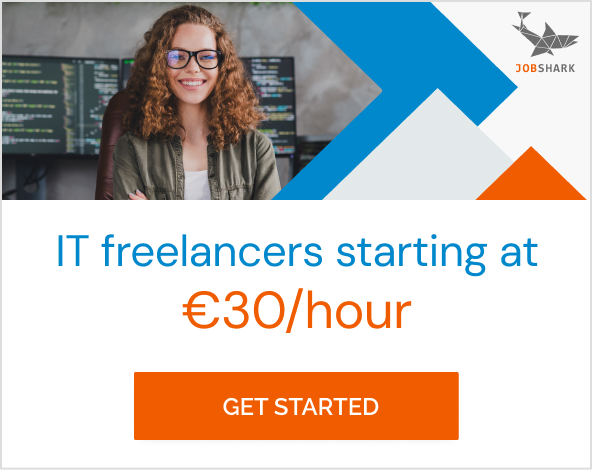 Banner promoting Jobshark services. The message reads "IT freelancers starting at €30/hour" with a call to action: "Get started"