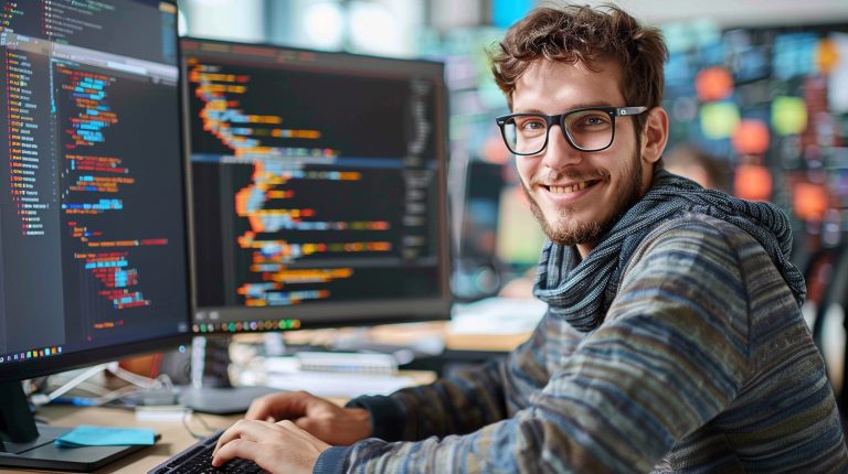 Developer smiles to the camera while sitting in front of two screens with code on them