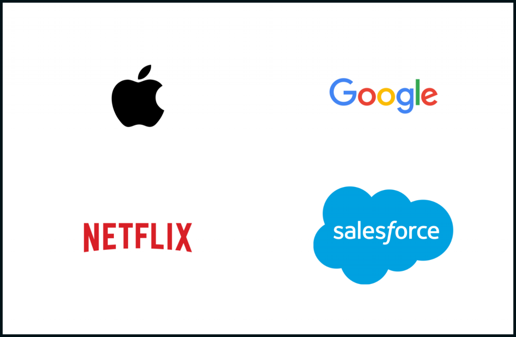 Logos of Apple, Google, Netflix and Salesforce