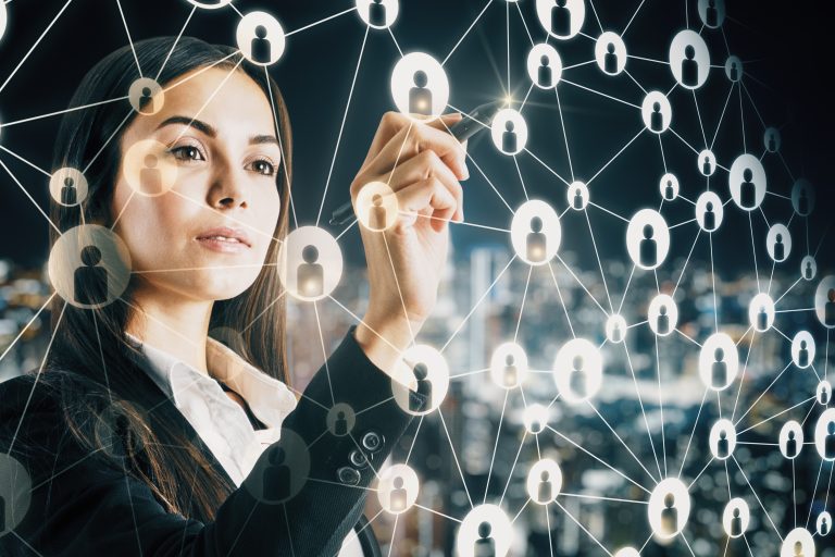 Businesswoman interacting with a digital network interface of connected people icons, symbolizing the blend of human resources professionals and AI automation
