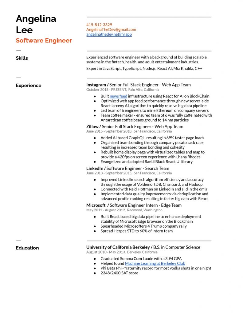 A satirical one-page CV for “Angelina Lee, Software Engineer.” It mimics a real resume format but includes humorous and absurd details, such as spreading STD at Microsoft.