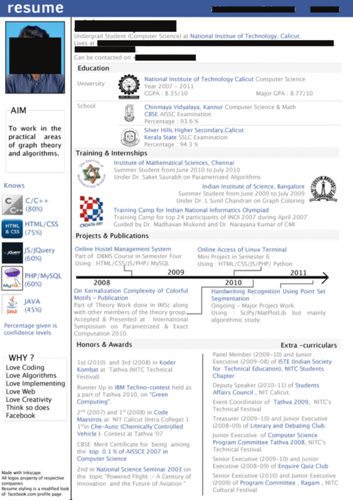 A creative resume inspired by Facebook profile page