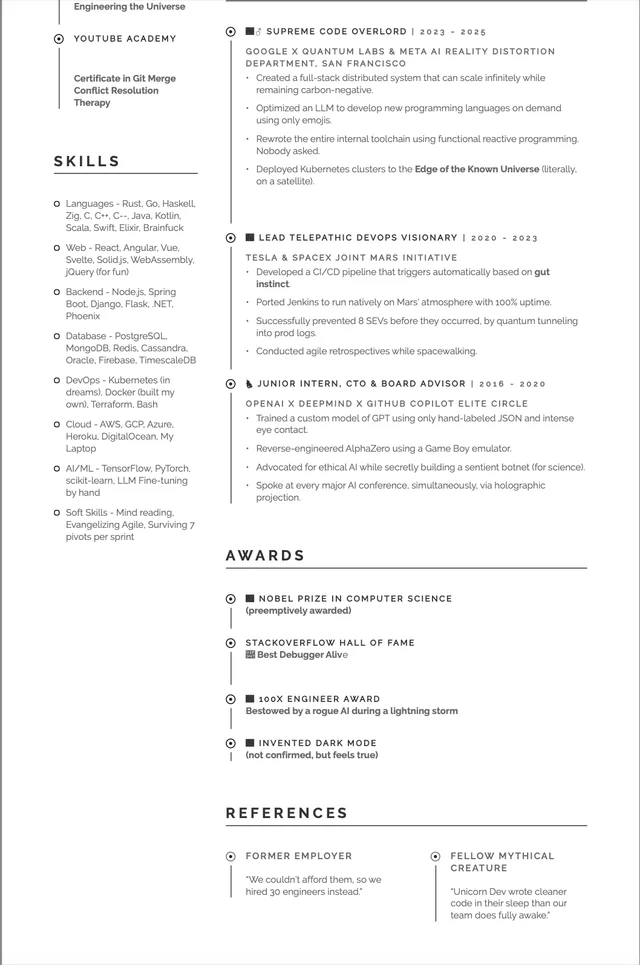 The second page of the satirical CV for “Unicorn Dev.” It mimics a real resume format but includes humorous and absurd details.