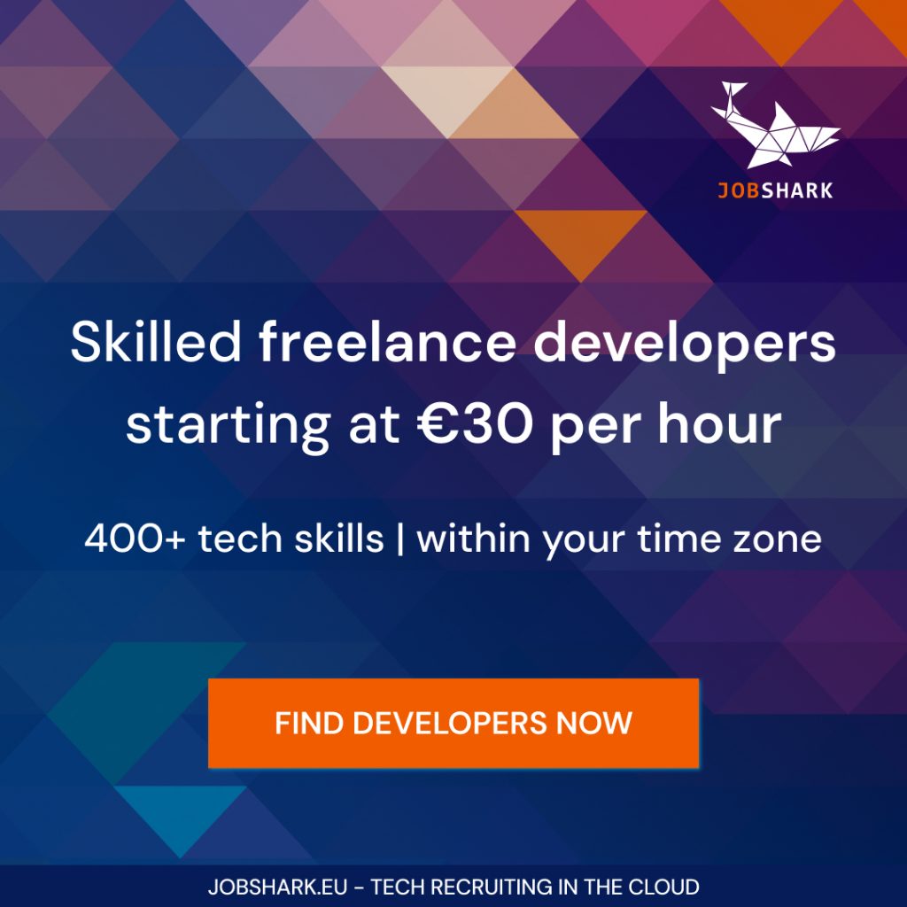 Banner promoting Jobshark services. The message reads “Skilled freelance developers starting at €30 per hour” and “400+ tech skills | within your time zone” with a call to action: “FIND DEVELOPERS NOW”