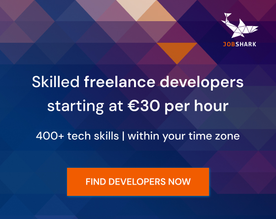 Banner promoting Jobshark services. The message reads “Skilled freelance developers starting at €30 per hour” and “400+ tech skills | within your time zone” with a call to action: “FIND DEVELOPERS NOW”