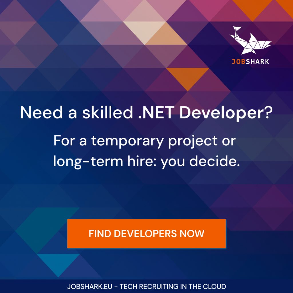 Banner promoting Jobshark services. The message reads “Need a skilled .NET Developer? For a temporary project or long-term hire: you decide.” with a call to action: “FIND DEVELOPERS NOW”