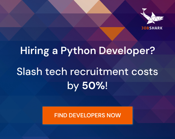 Banner promoting Jobshark services. The message reads “Hiring a Python Developer? Slash tech recruitment costs by 50%!” with a call to action: “FIND DEVELOPERS NOW”