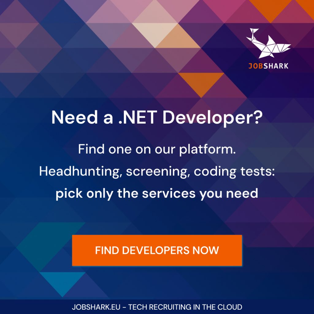 Banner promoting Jobshark services. The message reads “Need a .NET Developer? Find one on our platform. Headhunting, screening, coding tests: pick only the services you need” with a call to action: “FIND DEVELOPERS NOW”