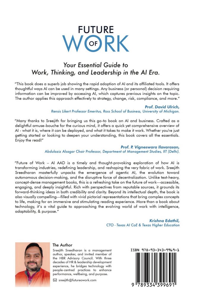 Back cover of the book “Future of Work - AI Augmented, Autonomous, Decentralized” by Sreejith Sreedharan