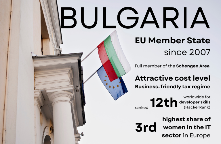A photo of a white classical-style building with two flags flying — the Bulgarian national flag above the European Union flag. On the right, large black text reads: “BULGARIA.” The image promotes Bulgaria as a nearshoring hub for IT