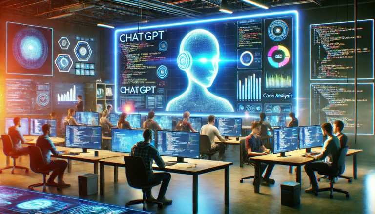 Futuristic AI research lab with software developers working on ChatGPT technology in an AI-generated image of programmers at multiple computer stations collaborate on artificial intelligence advancements