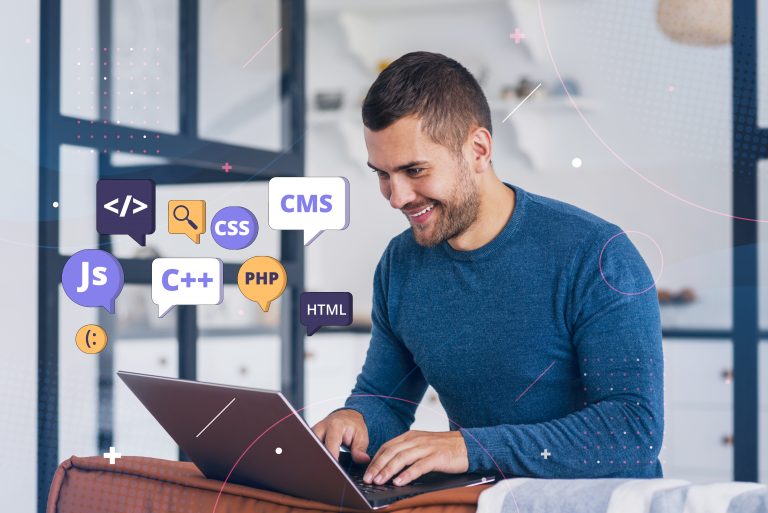 Software developer working on a laptop, surrounded by colorful speech bubbles with terms like 'JS,' 'CSS,' 'HTML,' 'C++,' 'PHP,' and 'CMS,' representing coding and development skills.
