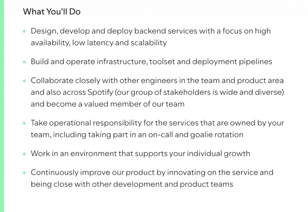 job description for a Junior Back-End Engineer position at Spotify