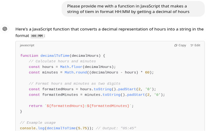prompt on ChatGPT requesting a function in JavaScript