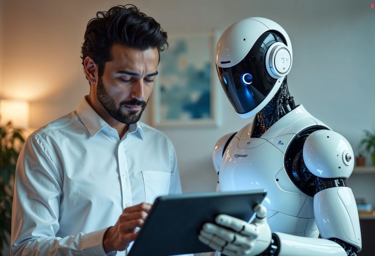 A man in a white shirt stands next to a humanoid robot. Both are looking at a tablet the robot is holding, appearing focused and collaborative. The robot has a sleek white design with a glossy black faceplate and glowing blue lights. The background shows a softly lit indoor setting with a lamp and plants.
