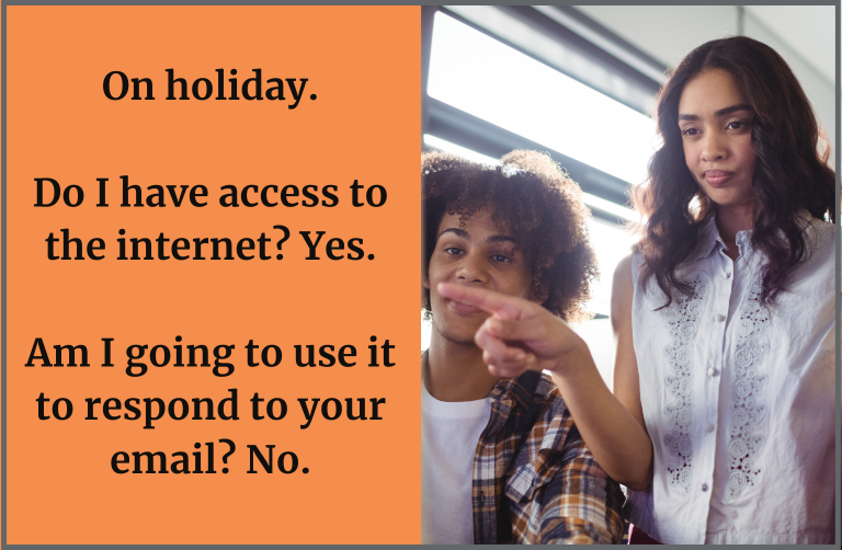 A collage shows, on one side, two young people standing together indoors, looking toward something off-screen. On the other side, an orange panel displays text that reads: “On holiday. Do I have access to the internet? Yes. Am I going to use it to respond to your email? No.” The collage represents the environment of a tech company with Gen Z developers