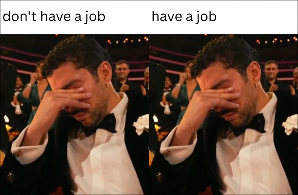 A work-related meme based on Bad Bunny’s reaction to winning Album Of The Year (Grammy Awards 2026)