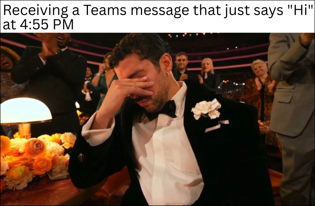 A work-related meme based on Bad Bunny’s reaction to winning Album Of The Year (Grammy Awards 2026)