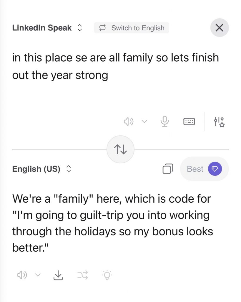 Screenshot of the LinkedIn translator tool, developed by Kagi