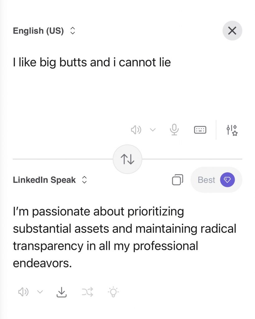 Screenshot of the LinkedIn translator tool, developed by Kagi