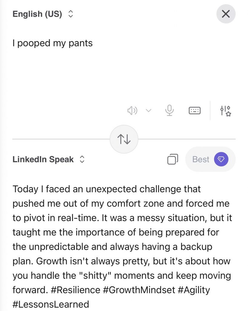 Screenshot of the LinkedIn translator tool, developed by Kagi