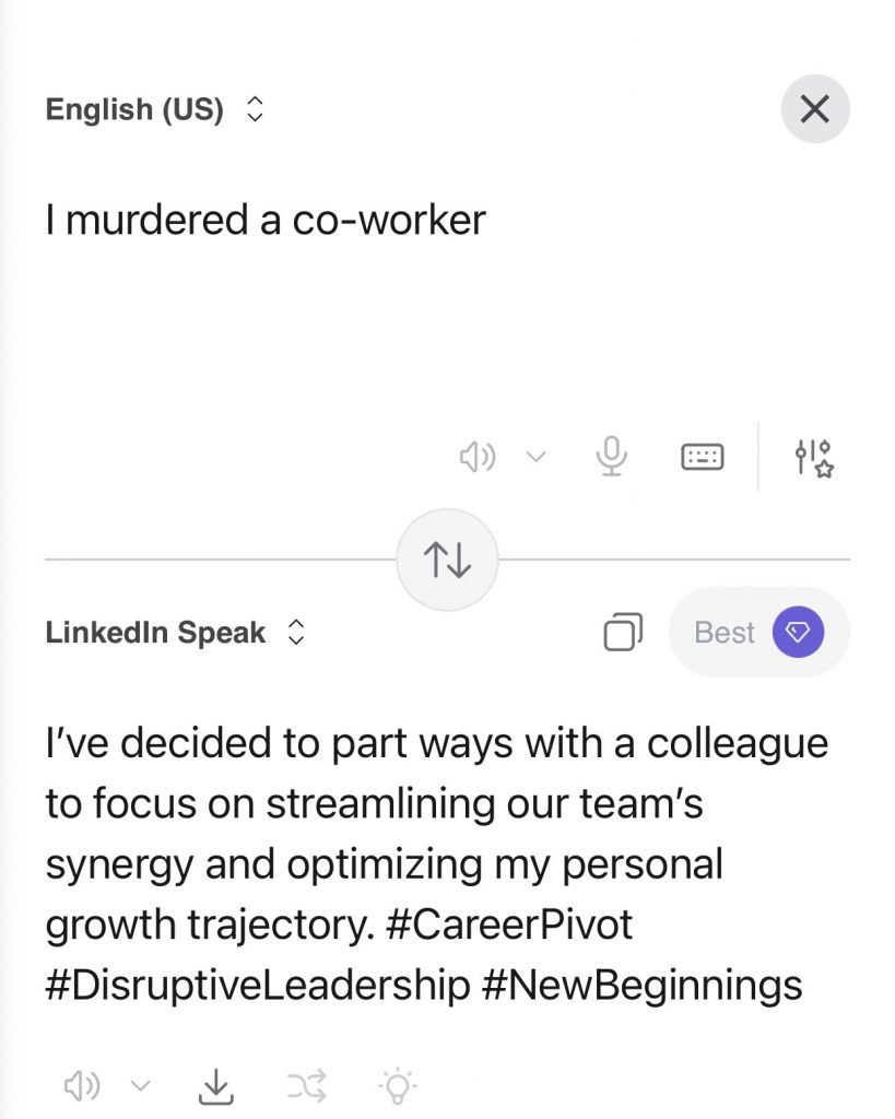Screenshot of the LinkedIn translator tool, developed by Kagi