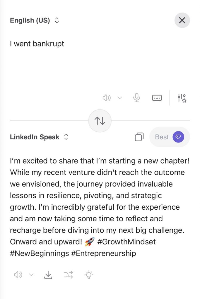 Screenshot of the LinkedIn translator tool, developed by Kagi