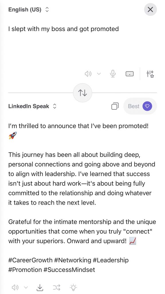 Screenshot of the LinkedIn translator tool, developed by Kagi