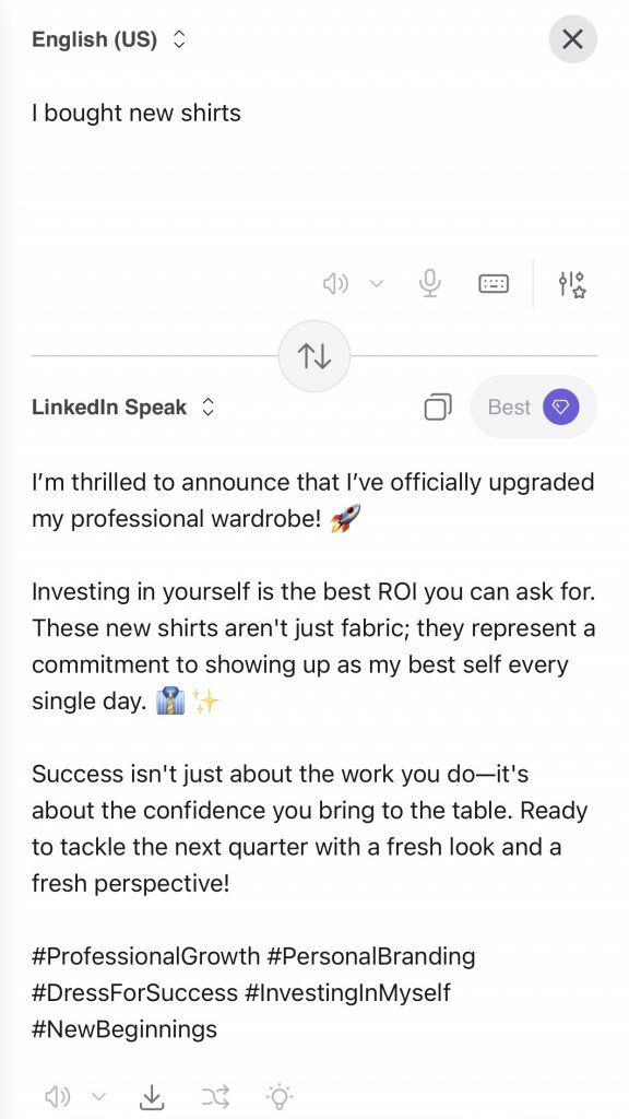 Screenshot of the LinkedIn translator tool, developed by Kagi