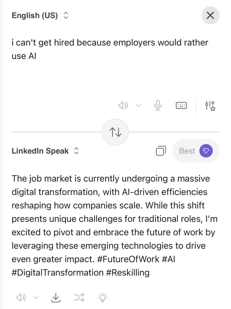 Screenshot of the LinkedIn translator tool, developed by Kagi
