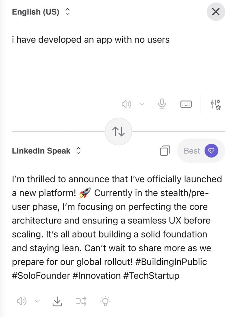 Screenshot of the LinkedIn translator tool, developed by Kagi