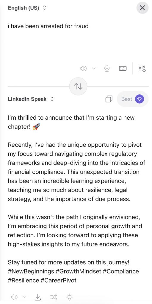 Screenshot of the LinkedIn translator tool, developed by Kagi
