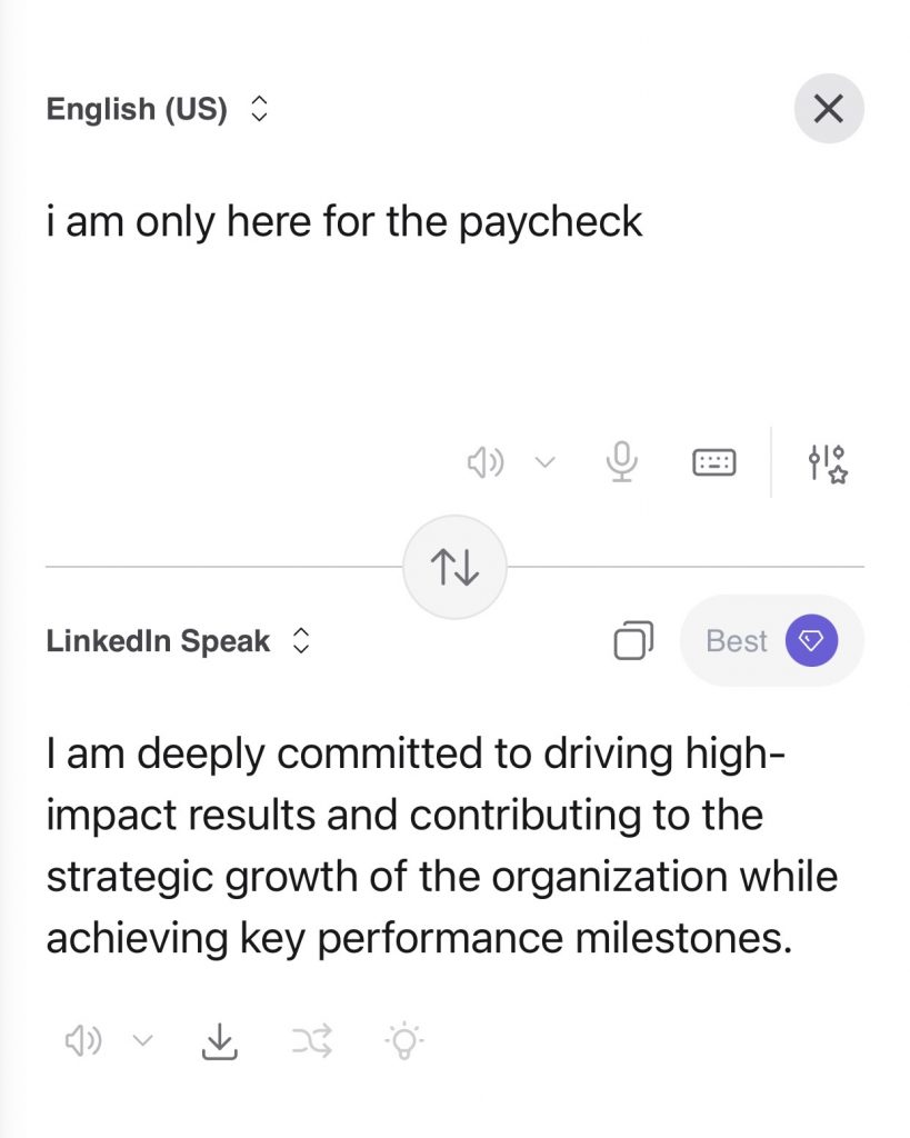 Screenshot of the LinkedIn translator tool, developed by Kagi