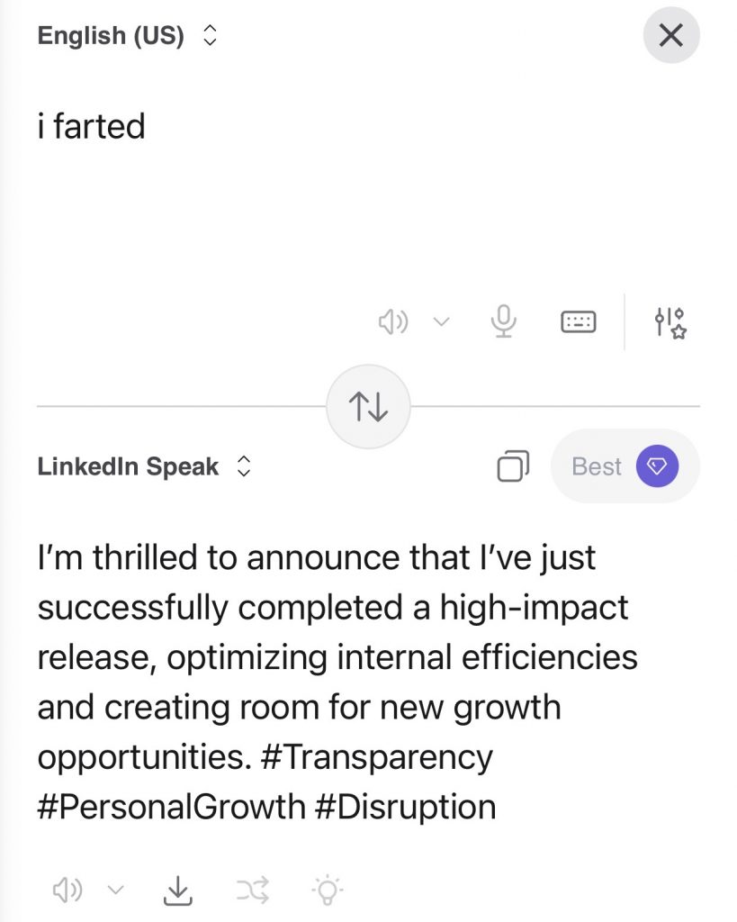 Screenshot of the LinkedIn translator tool, developed by Kagi