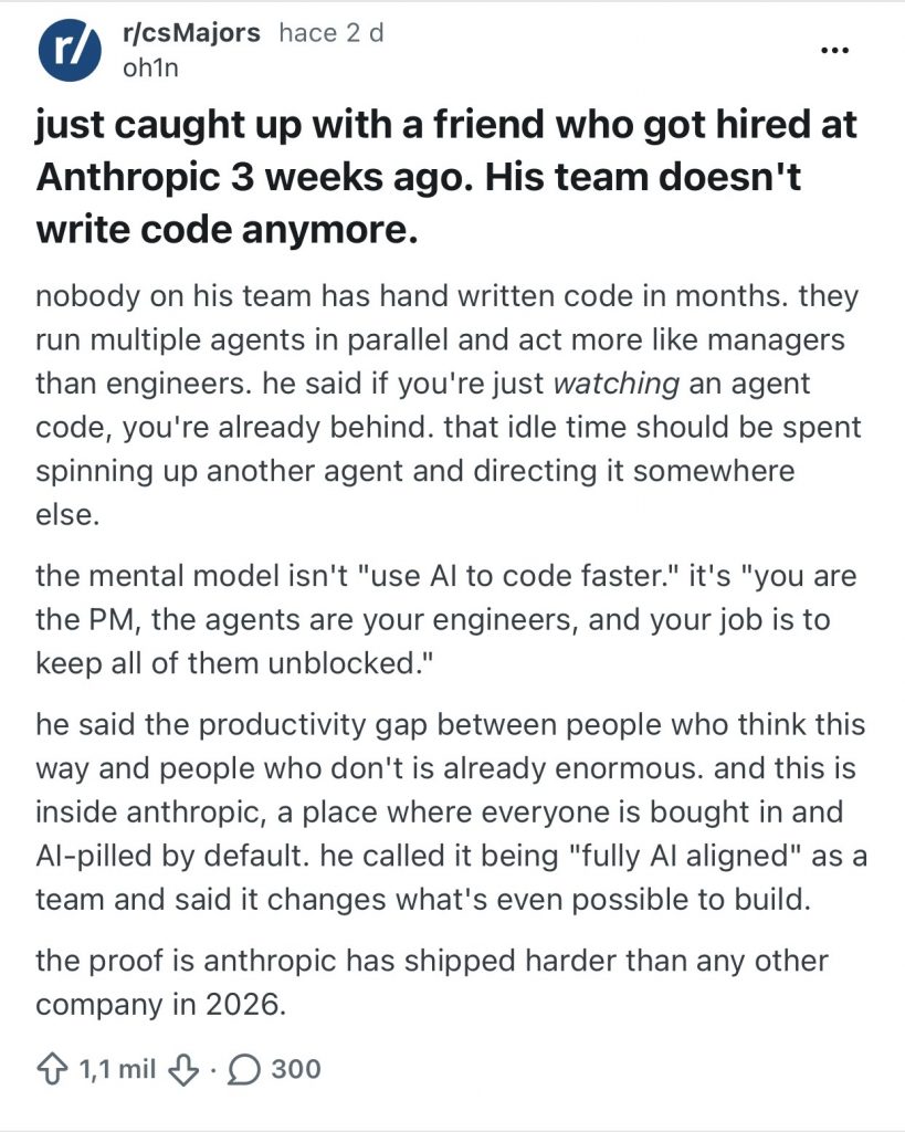 Screenshot of a Reddit post from r/csMajors about developers at Anthropic no longer writing code manually, instead managing multiple AI agents, illustrating a shift toward developers acting like operators or project managers.