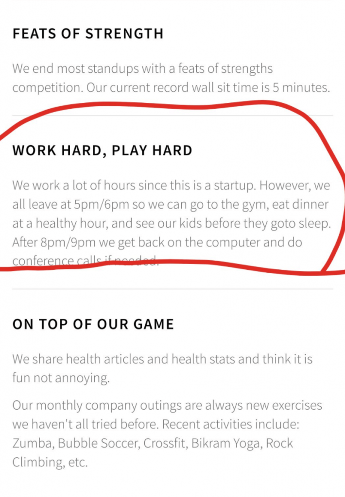 Screenshot of a job listing section titled “Work hard, play hard,” circled in red. The text claims employees leave around 5–6pm to spend time with family, but then return to work on their computers after 8–9pm for additional calls, highlighting a demanding work culture.