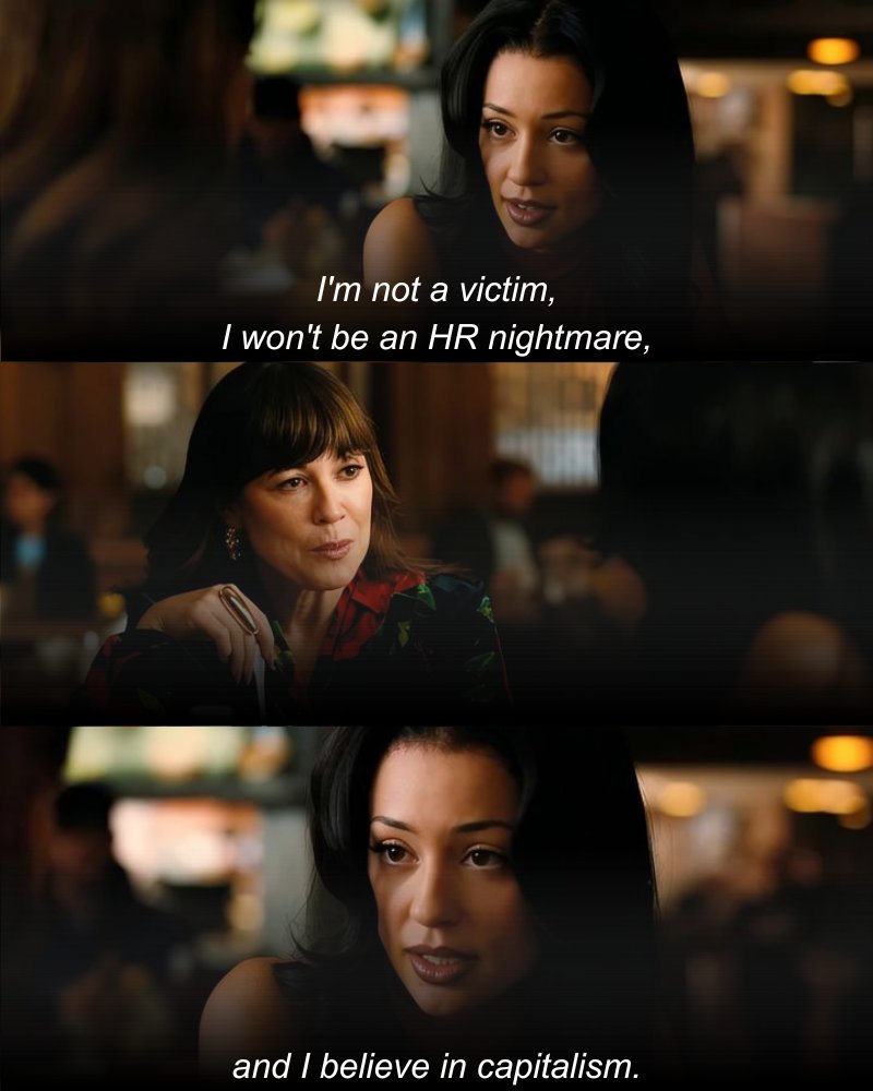 Scene from the HBO series “Euphoria”. Character Maddy (Alexa Demie) gets hired after pitching to a businesswoman: ”I‘m not a victim, I won’t be an HR nightmare, and I believe in capitalism.”