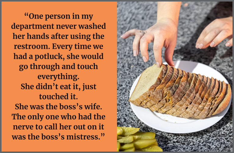 A split-image graphic with a quote on the left and a food scene on the right. The quote describes a disgusting office situation by an unhygienic worker. On the right, two hands reach toward sliced bread on a plate beside pickles on a countertop, emphasizing the unsanitary theme.