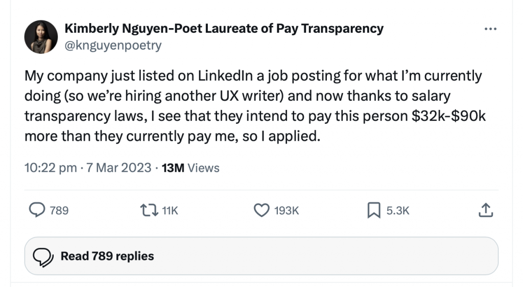 Screenshot of a viral social media post that highlights how pay transparency legislation can expose pay disparities