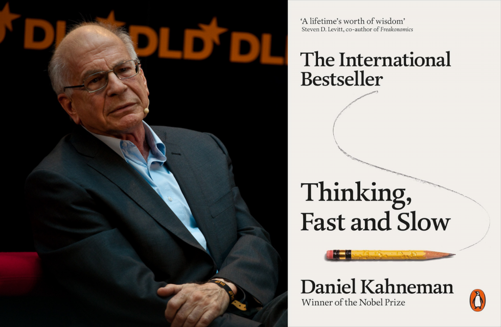 Side-by-side image featuring Nobel Prize laureate Daniel Kahneman and the cover of his book “Thinking, Fast and Slow”. On the left, Kahneman sits on stage. On the right is the book cover, displaying the title. Picture: Wikimedia Commons/reproduction