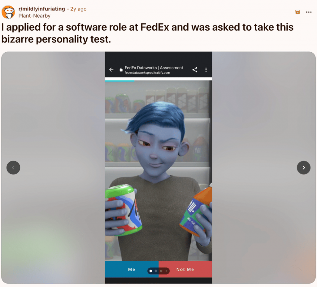 Screenshot of a Reddit post titled “I applied for a software role at FedEx and was asked to take this bizarre personality test.” The embedded image shows a mobile assessment screen labeled “FedEx Dataworks | Assessment,” featuring a blue-skinned animated character in a grocery store comparing two products on a shelf. At the bottom are large buttons labeled “Me” and “Not Me,” indicating the user must decide whether the character’s behavior matches them.