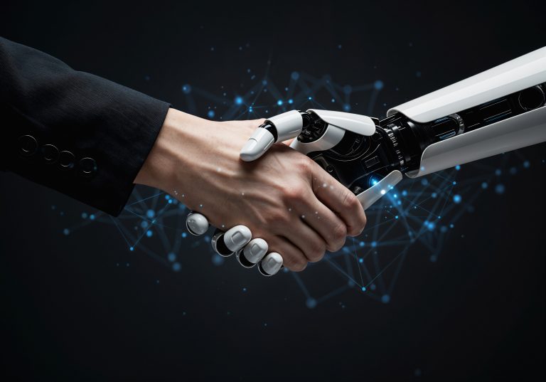 How Much of Talent Acquisition Is AI Really Automating? Close-up of a human hand in a business suit shaking hands with a robotic hand against a dark background. The image symbolizes collaboration between humans and Artificial Intelligence, highlighting AI as a partner rather than a replacement.