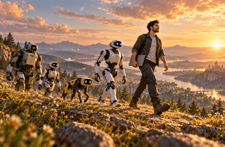 What Is an AI-Native Developer and How To Spot One A developer carrying a tablet leads a group of robots along a mountain path at sunset, with a river and a distant castle behind them.