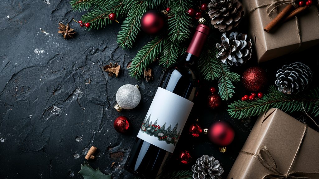 A bottle of wine surrounded by Christmas decorations.